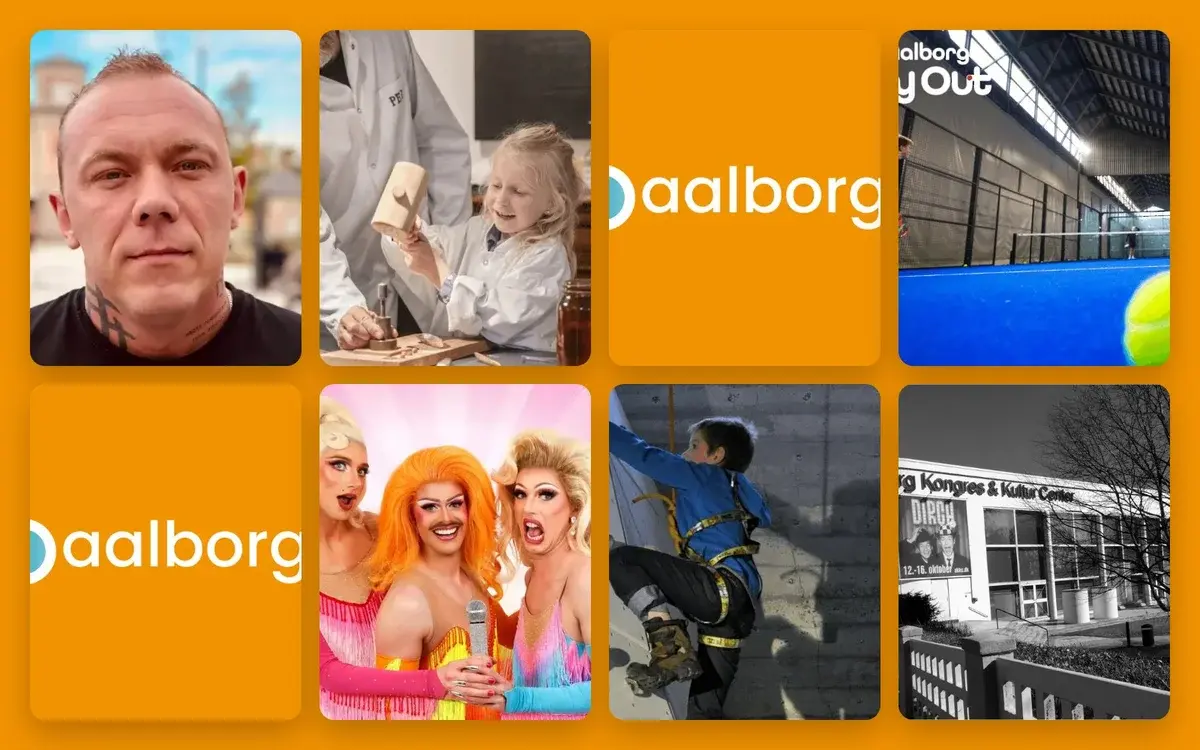 A collage featuring portraits, activities, and Aalborg branding.