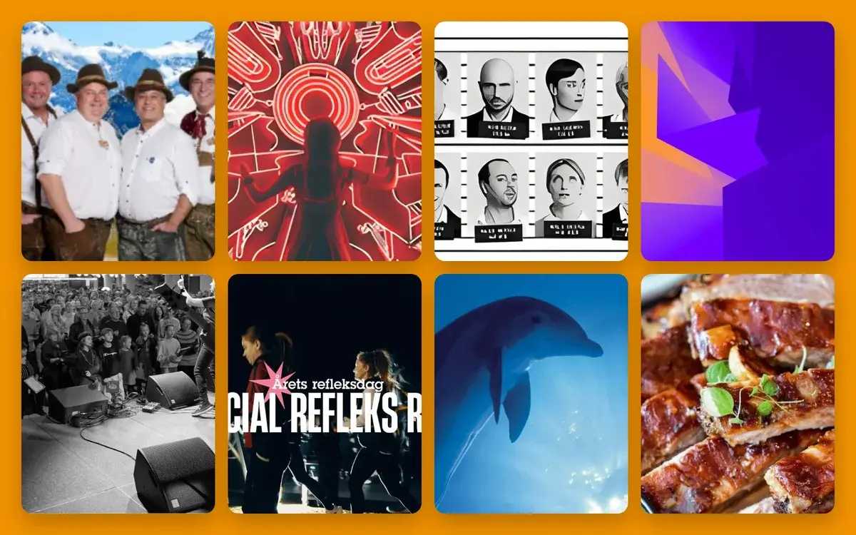 A grid collage showing people, graphics, a dolphin, and food.