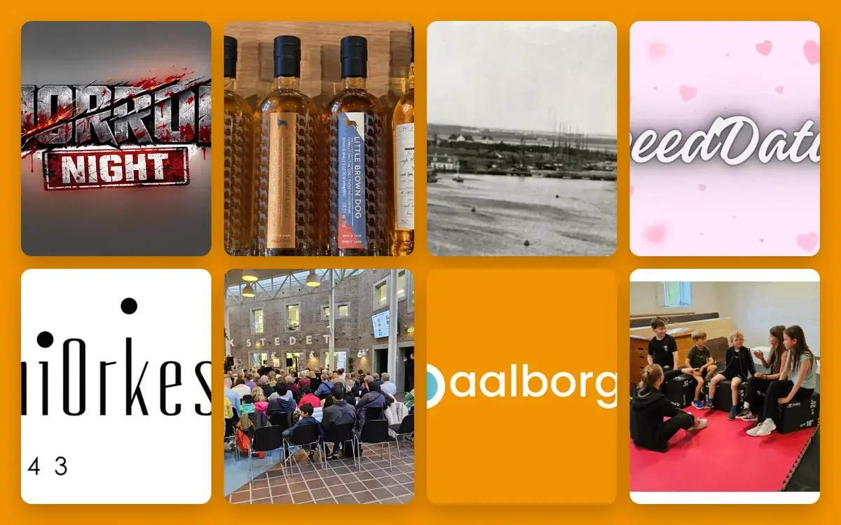 A collage with logos, bottles, a waterfront photo, and people indoors.