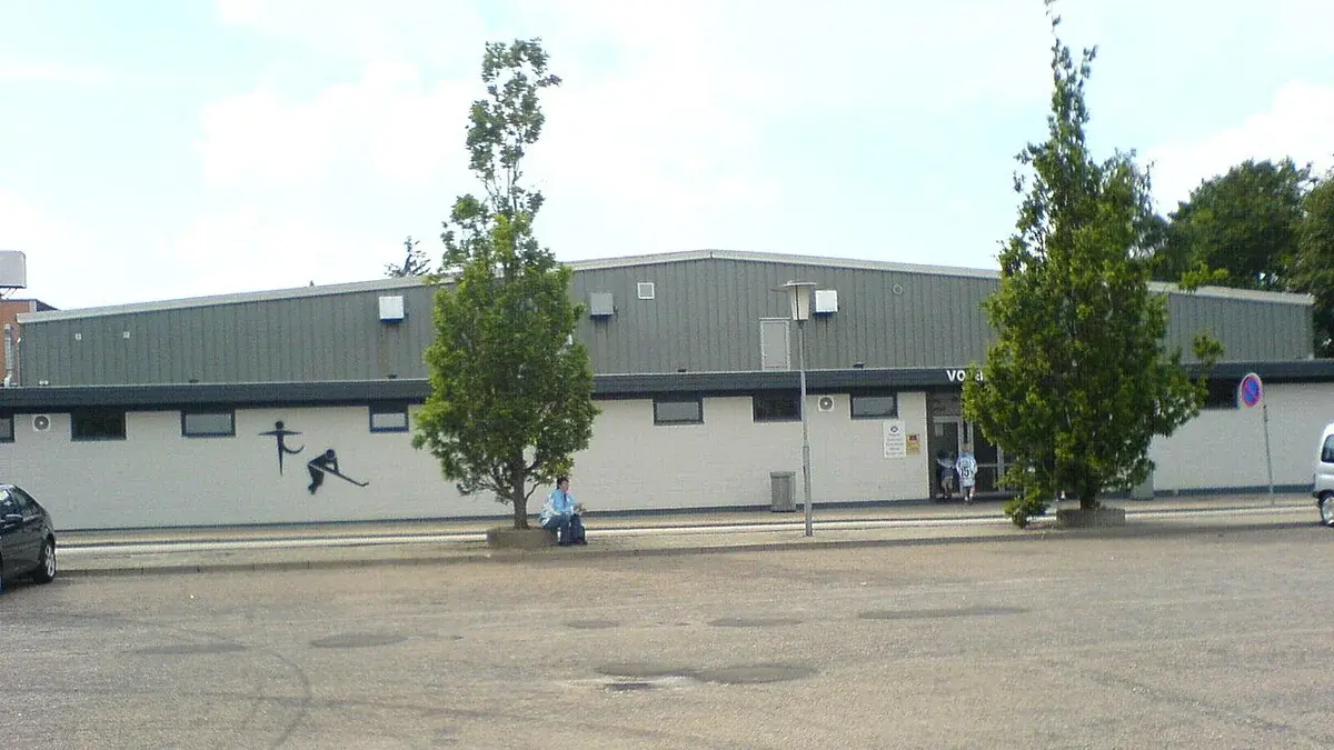 Exterior of the SønderjyskE Hallen ice hockey arena in Vojens, Denmark.