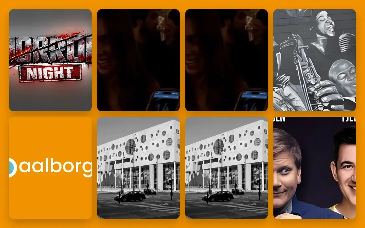 A collage of several images and logos on an orange background.