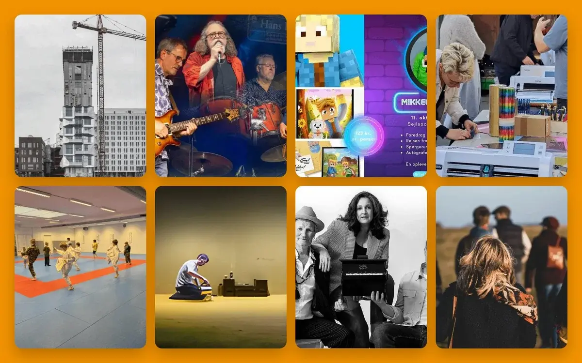 A collage of eight different scenes including construction, music, crafts, martial arts, and people outdoors.